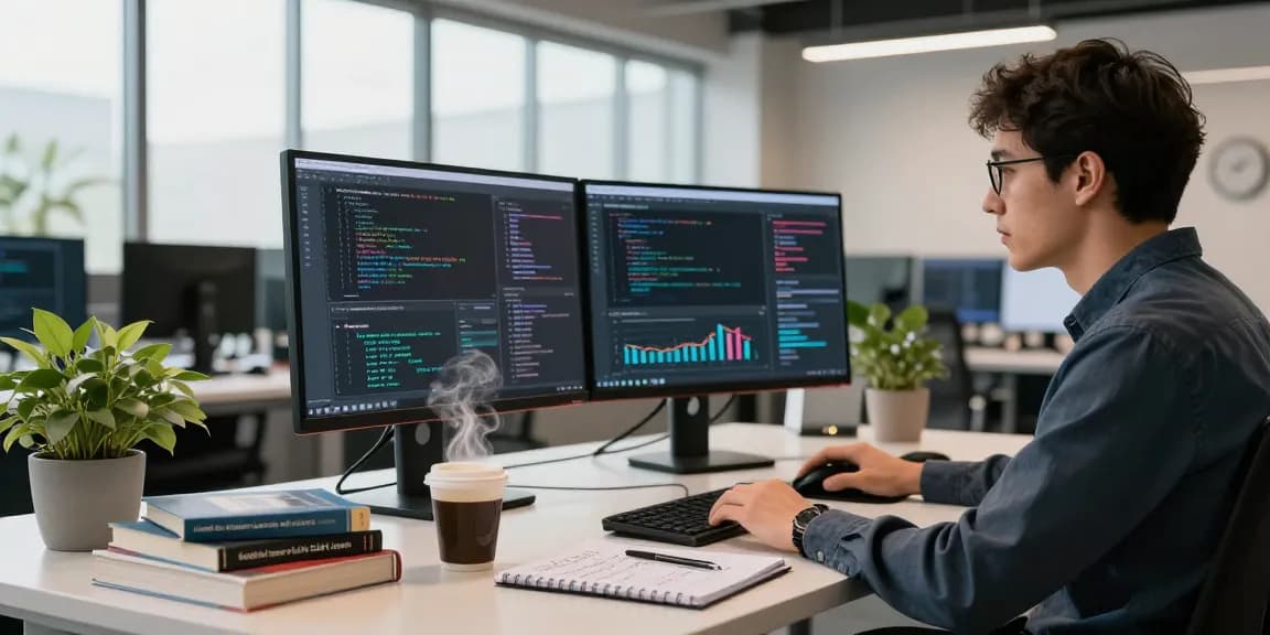 Data scientist analyzing machine learning tools on dual monitors in a modern workspace with books and notes around.