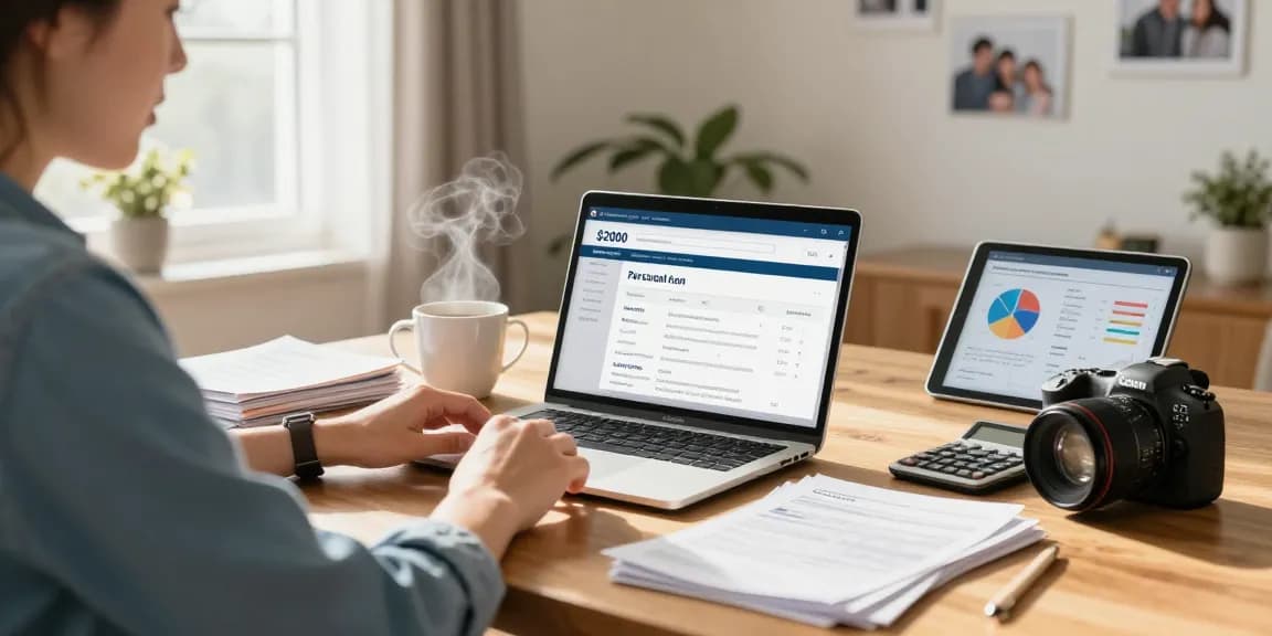 Person considering a $2000 personal loan, reviewing options and budgeting at home to see details.