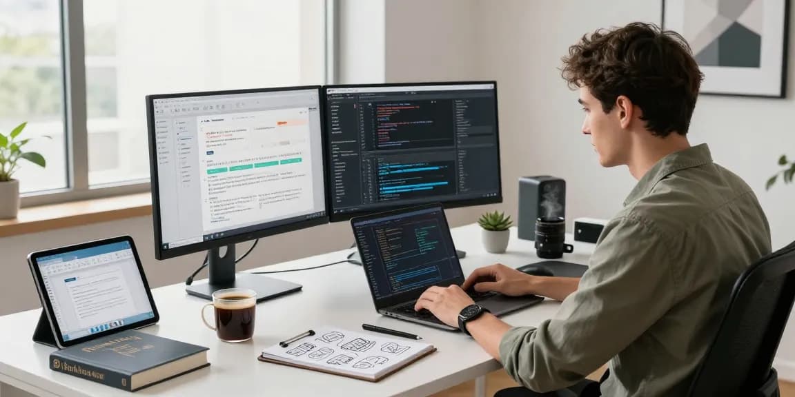在现代办公环境中，一位软件开发人员使用WPS Office进行高效编程，阳光透过窗户洒在整洁的书桌上。