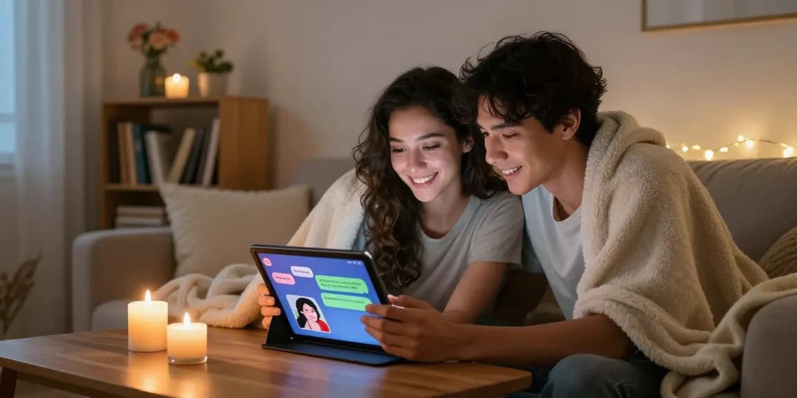 Couple enjoying ai sexting interactions in a cozy living room.