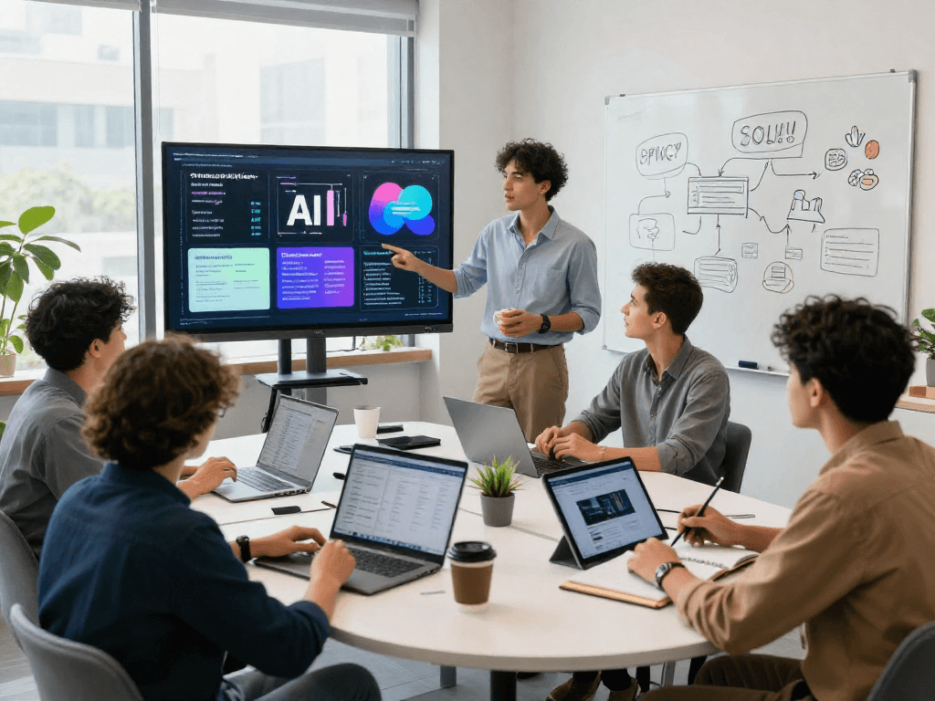 Team exploring spicy AI strategies in a modern marketing workshop
