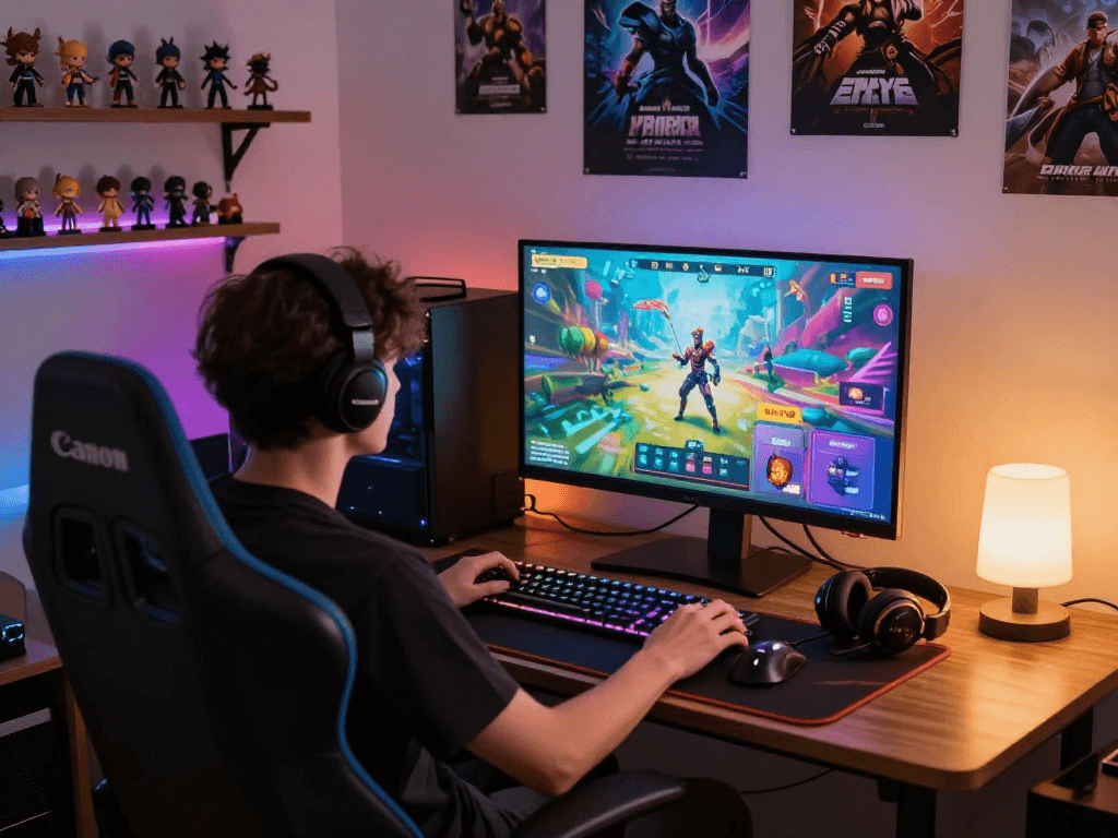 Engaged player exploring real porn games in a vibrant gaming setup with immersive visuals.