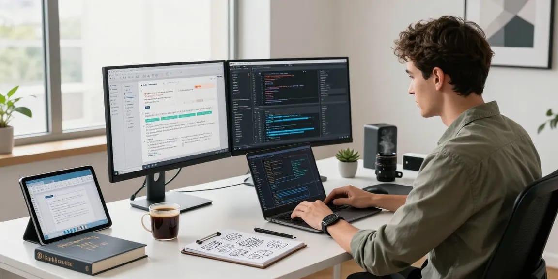 在现代办公环境中,一位软件开发人员使用WPS Office进行高效编程,阳光透过窗户洒在整洁的书桌上。