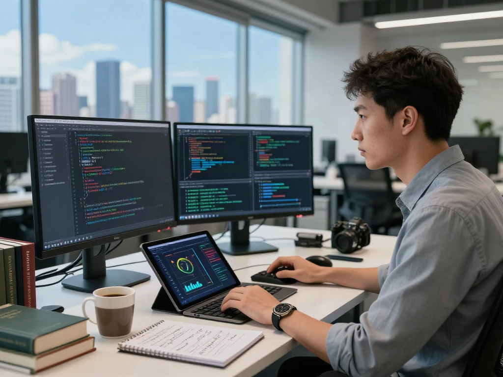 Creative workspace with AI data scientist immersed in spicy AI development, showcasing code and metrics.