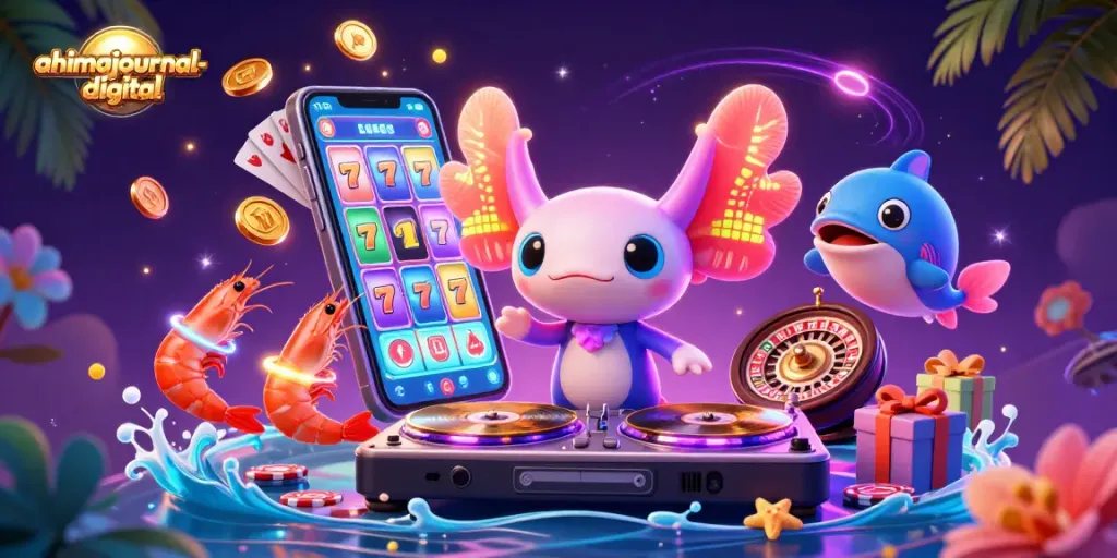 Experience exciting gameplay with ahimajournal-digital, showcasing a neon-colored DJ, dancing characters, and vibrant slot games.