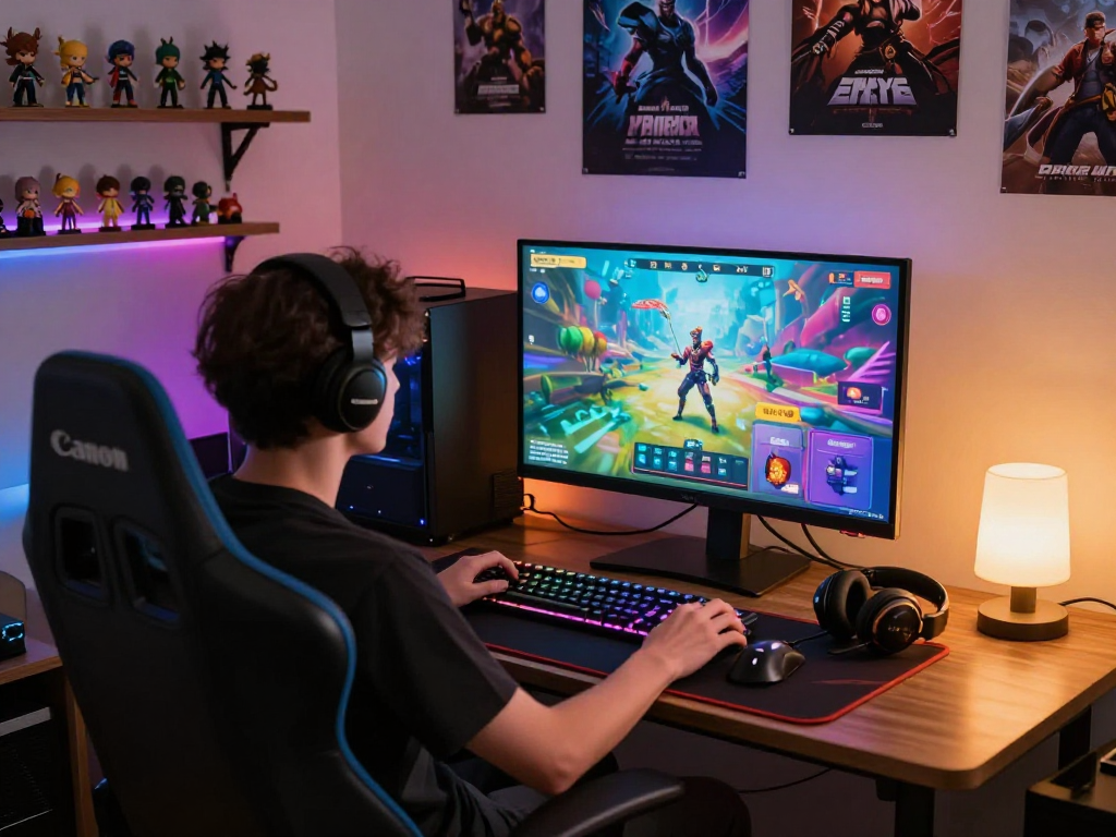 Engaged player exploring real porn games in a vibrant gaming setup with immersive visuals.