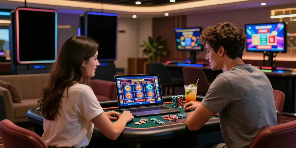 Young couple enjoying online slots that accept credit cards in a vibrant casino setting.