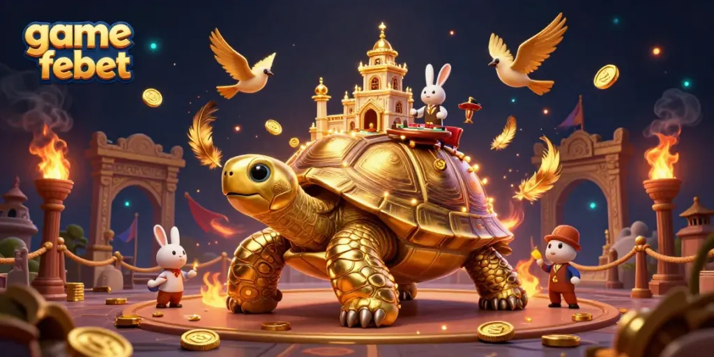 Play game febet with a golden tortoise casino scene and engaging dealer in a dynamic setting.