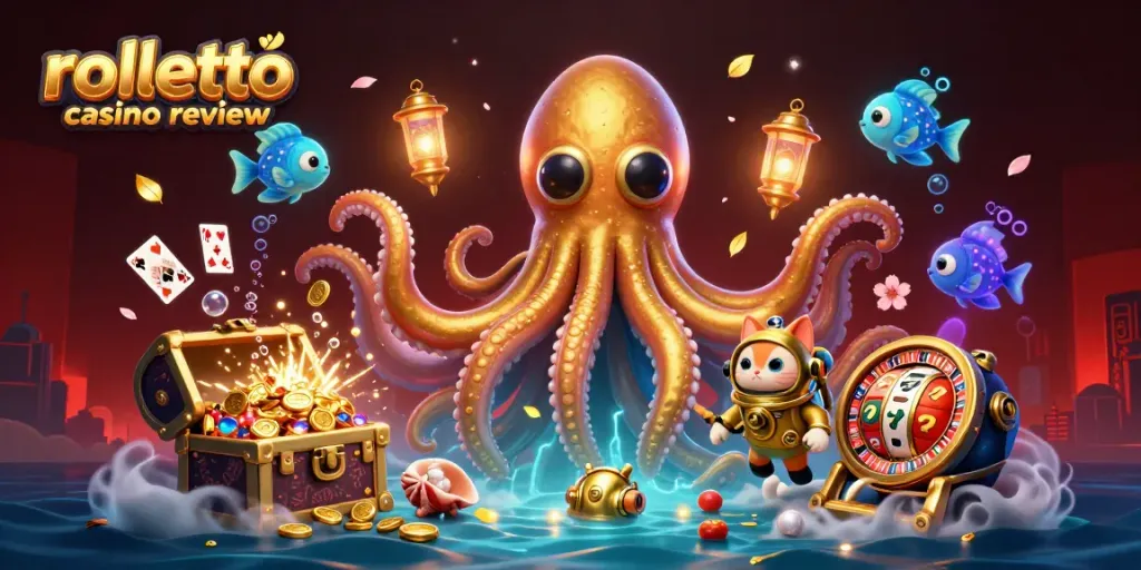 Experience the rolletto casino review with an engaging scene featuring a kraken and diving cat, surrounded by dynamic gaming elements.