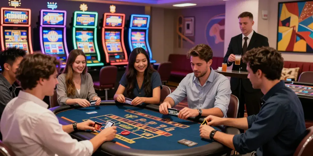 Players at a lively credit card casino engaging with games, highlighting the excitement of casinos that accept credit cards.