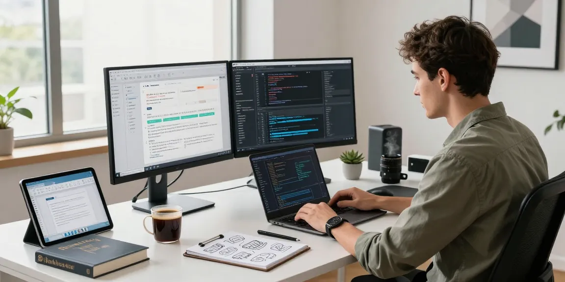 在现代办公环境中，一位软件开发人员使用WPS Office进行高效编程，阳光透过窗户洒在整洁的书桌上。