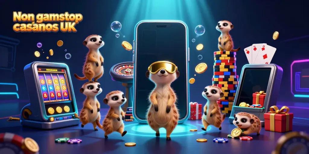 Engaging scene of meerkats in a casino, highlighting non gamstop casinos UK featuring vibrant game elements.