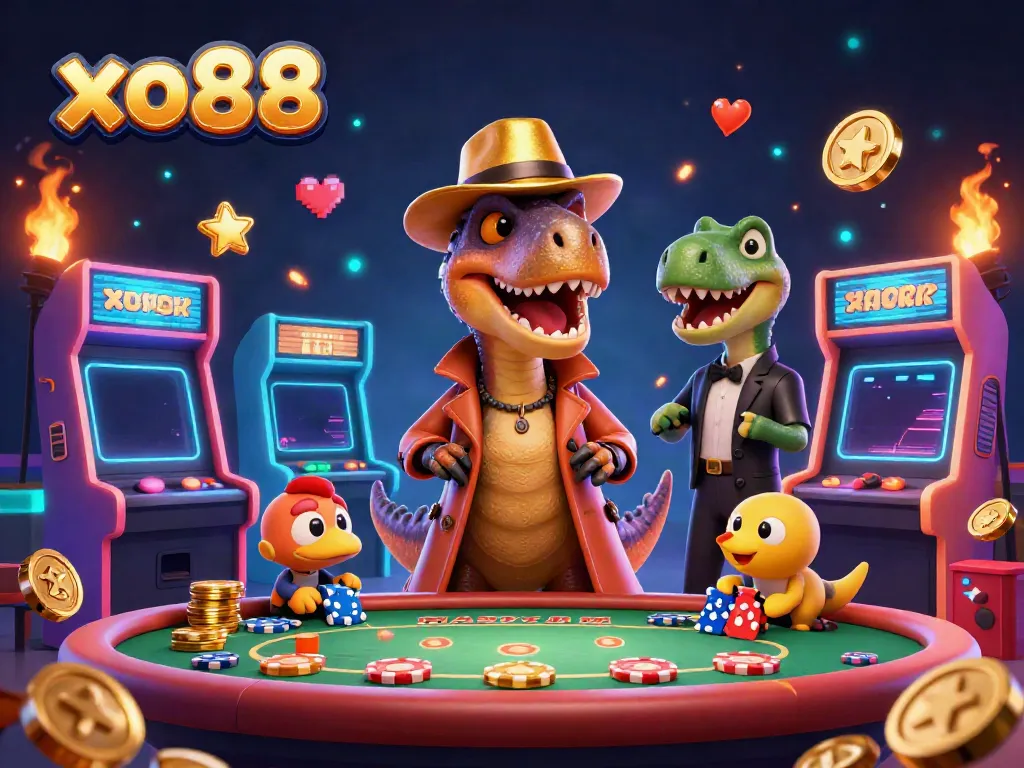 Play at xo88 with colorful game elements featuring a velociraptor, a stegosaurus, and a compy in a dynamic casino scene.