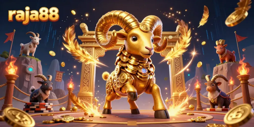 Experience the thrill of raja88 with a golden ram charging through a vibrant casino scene.