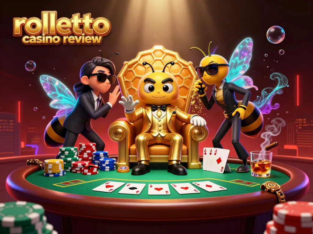 Experience thrilling moments in Rolletto Casino review with a vibrant 3D illustration depicting a bumblebee mob boss amidst poker excitement.
