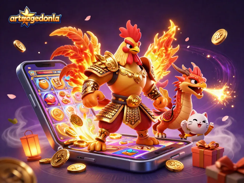 Win big at artmageddonla with the exciting 3D fighting rooster and dragon on lively casino themes.