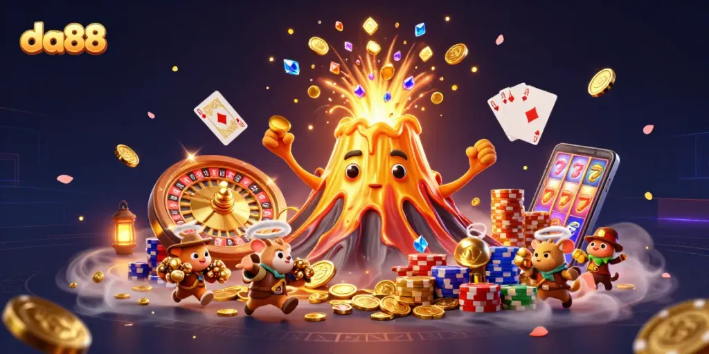 Unleash the da88 excitement with a 3D casino scene featuring golden treasures and dynamic gaming elements.