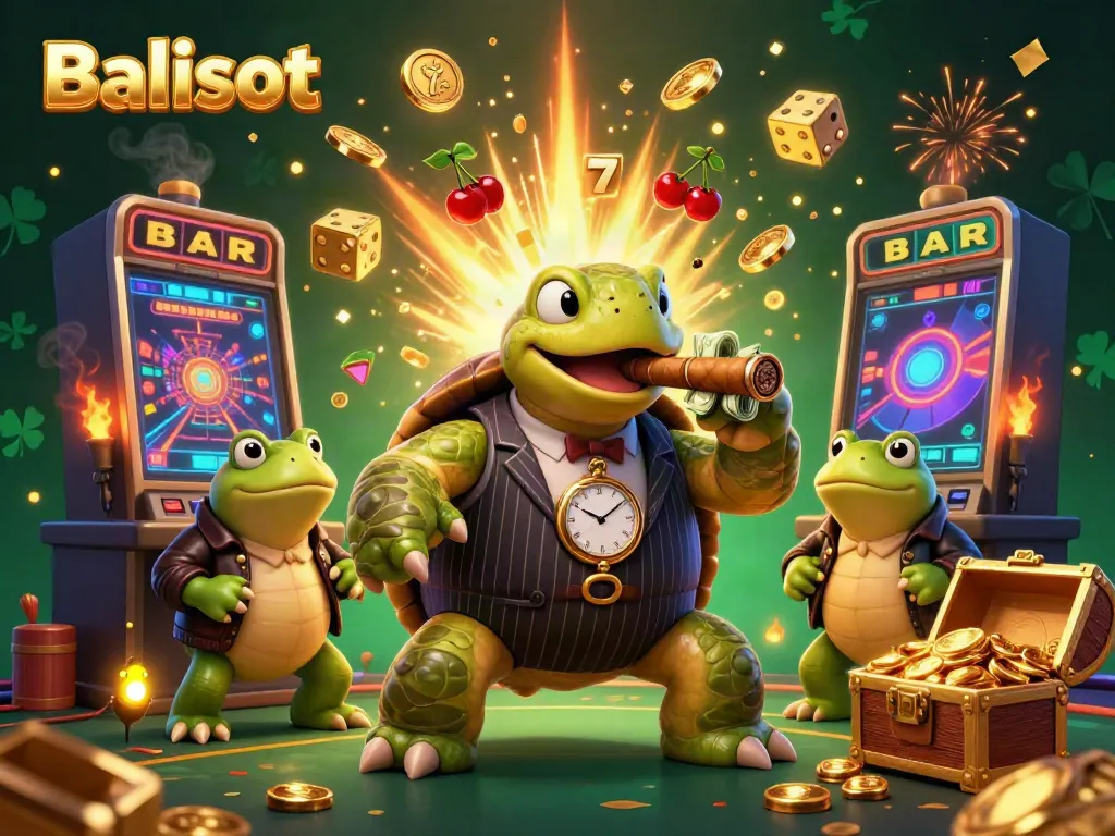 Balislot's slot scene features a massive turtle mobster beside bullfrog enforcers, exploding slots, and vibrant casino elements.