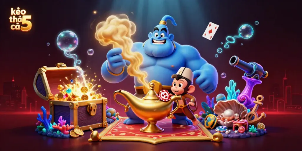 Experience thrilling bets with kèo nhà cái 5 in a vibrant casino-themed 3D illustration featuring engaging characters.