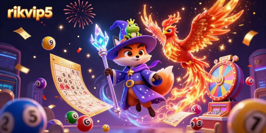 Engage in exciting betting with rikvip5's mystical theme featuring a wizard fox and vibrant lottery elements.