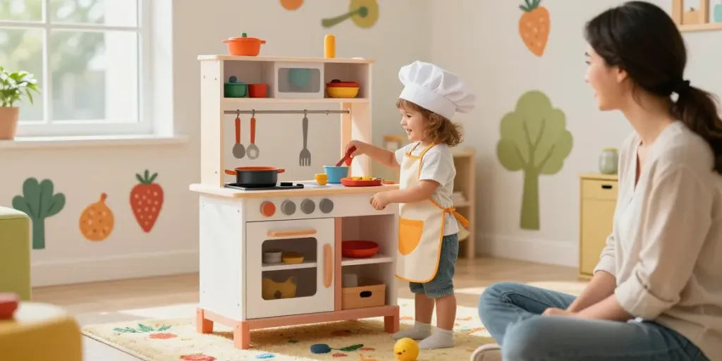 Child joyfully playing in a vibrant kids kitchen set, showcasing imaginative cooking with colourful accessories.