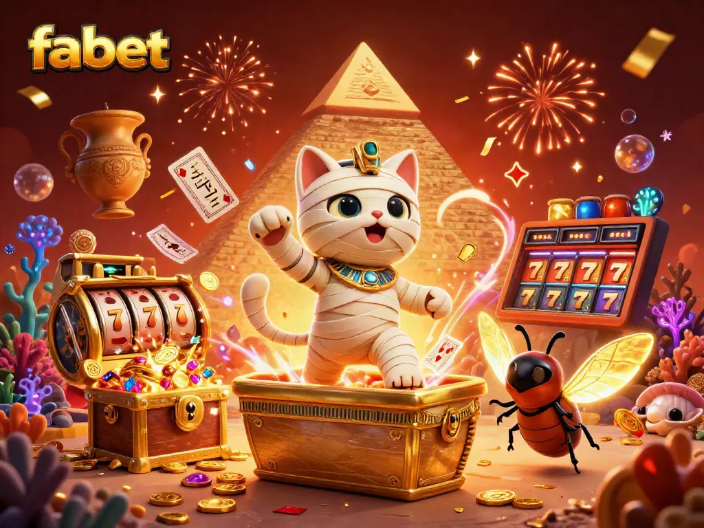 Experience fabet with a vibrant 3D scene featuring a mummy cat and golden treasures in a playful casino.