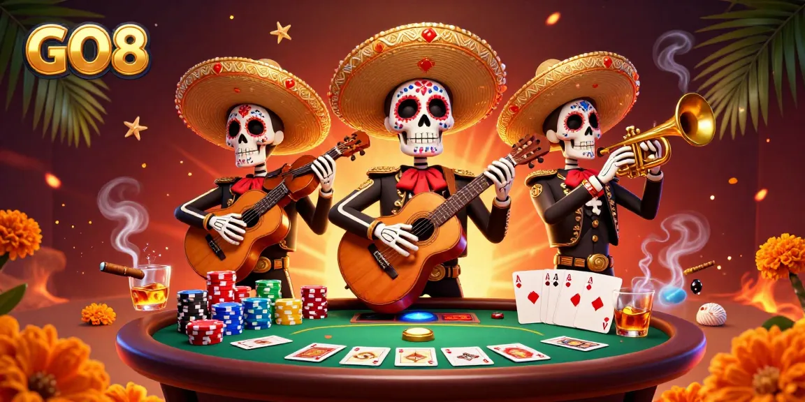 Experience GO8's thrilling gaming scene with vibrant Day of the Dead mariachi skeletons at a poker table.