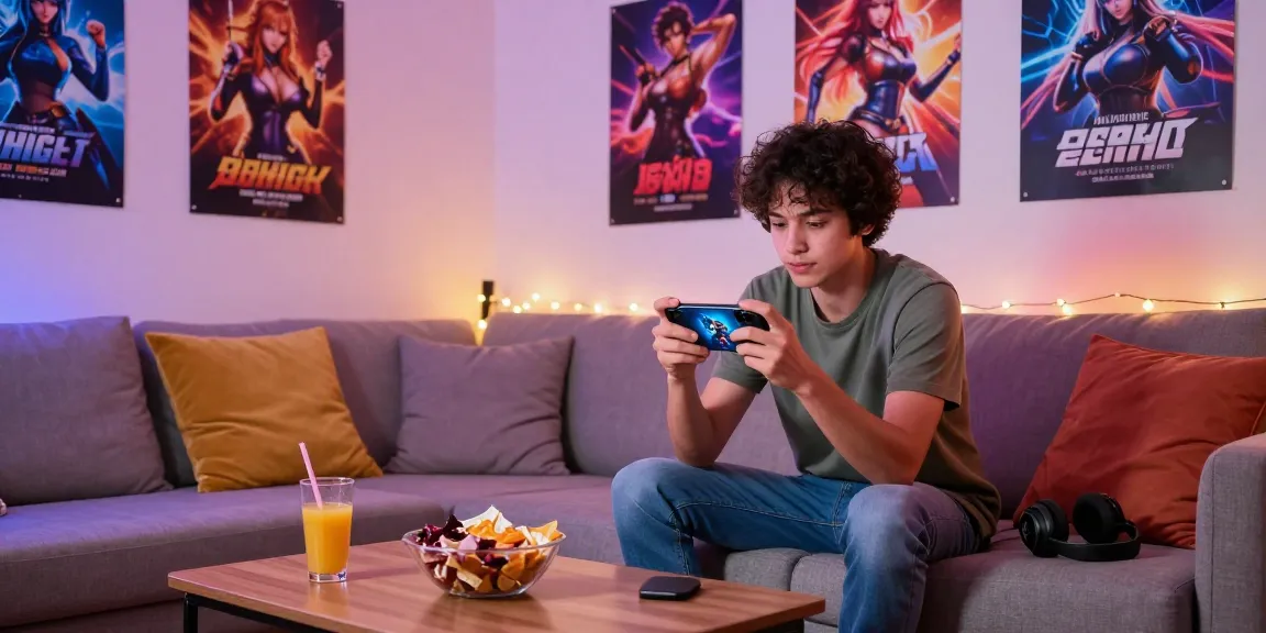 Engaged player enjoying free mobile hentai games on a cozy sofa.