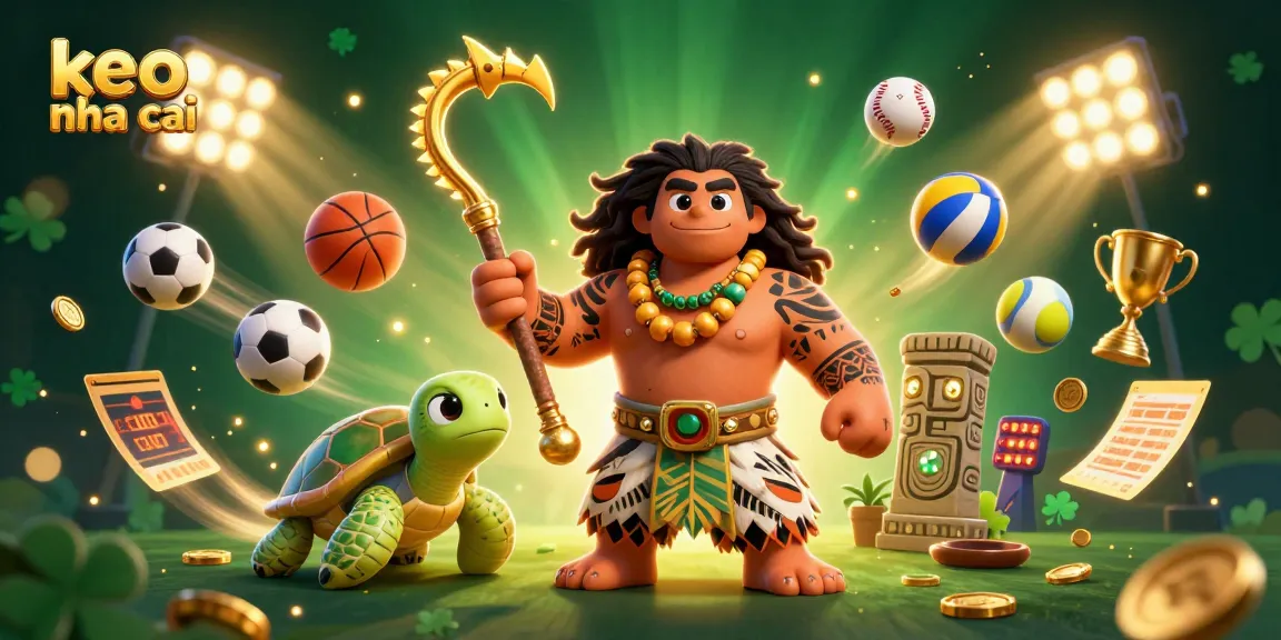Engage with keo nha cai through a vibrant scene featuring a demigod, turtle sidekick, and dynamic sports betting elements.