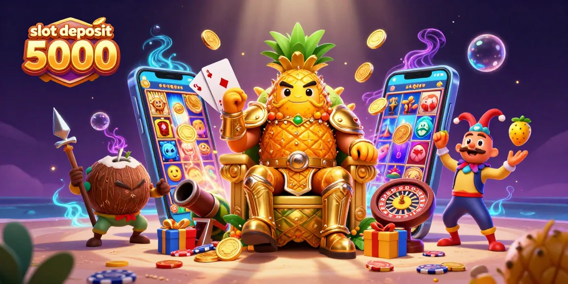 Catch thrilling wins with slot deposit 5000 at an exciting virtual casino scene featuring a golden pineapple king.