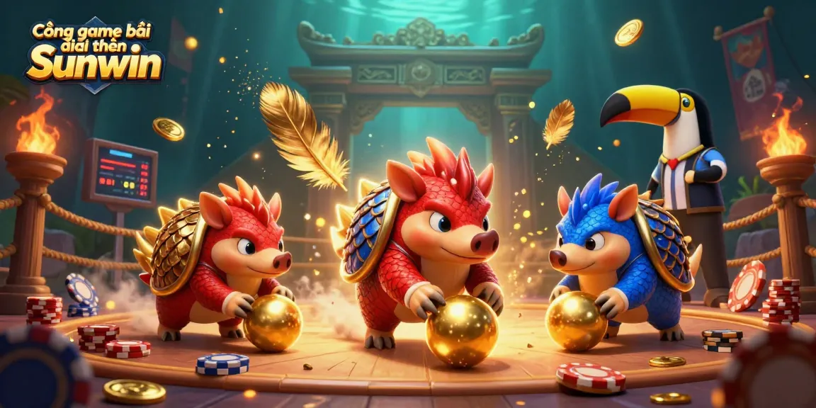 Cổng game bài đổi thưởng Sunwin showcases rival pangolins in a vibrant casino showdown with poker chips.
