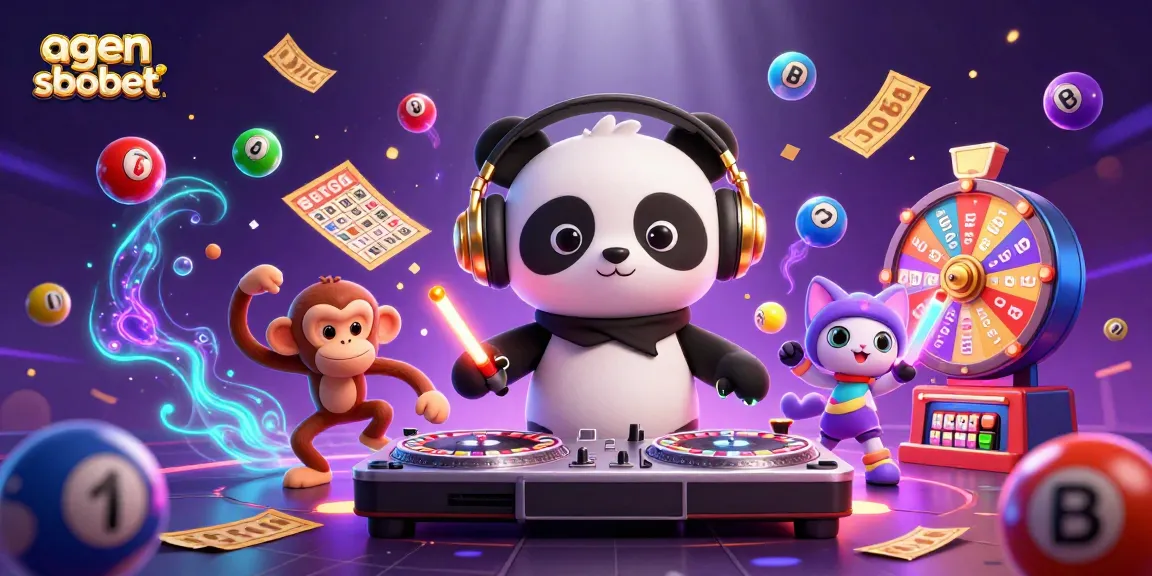 Experience thrilling gaming moments with agen sbobet in a vibrant 3D illustration featuring a DJ panda and lively characters.