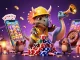 Hit club celebration with triceratops building poker chips, exciting casino games, and vibrant colors.