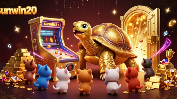Experience the excitement of sunwin20 with a vibrant casino illustration showing golden tortoises and treasure.