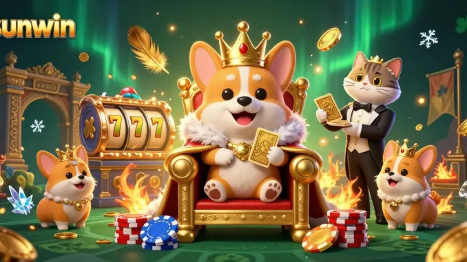 Experience thrilling gameplay at Sunwin with our royal corgi champion in a vibrant casino scene.